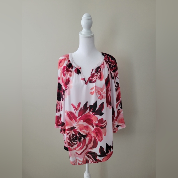 4/15$ Liz Claiborne Rose Red Pink Floral V Neck Blouse - Picture 1 of 5